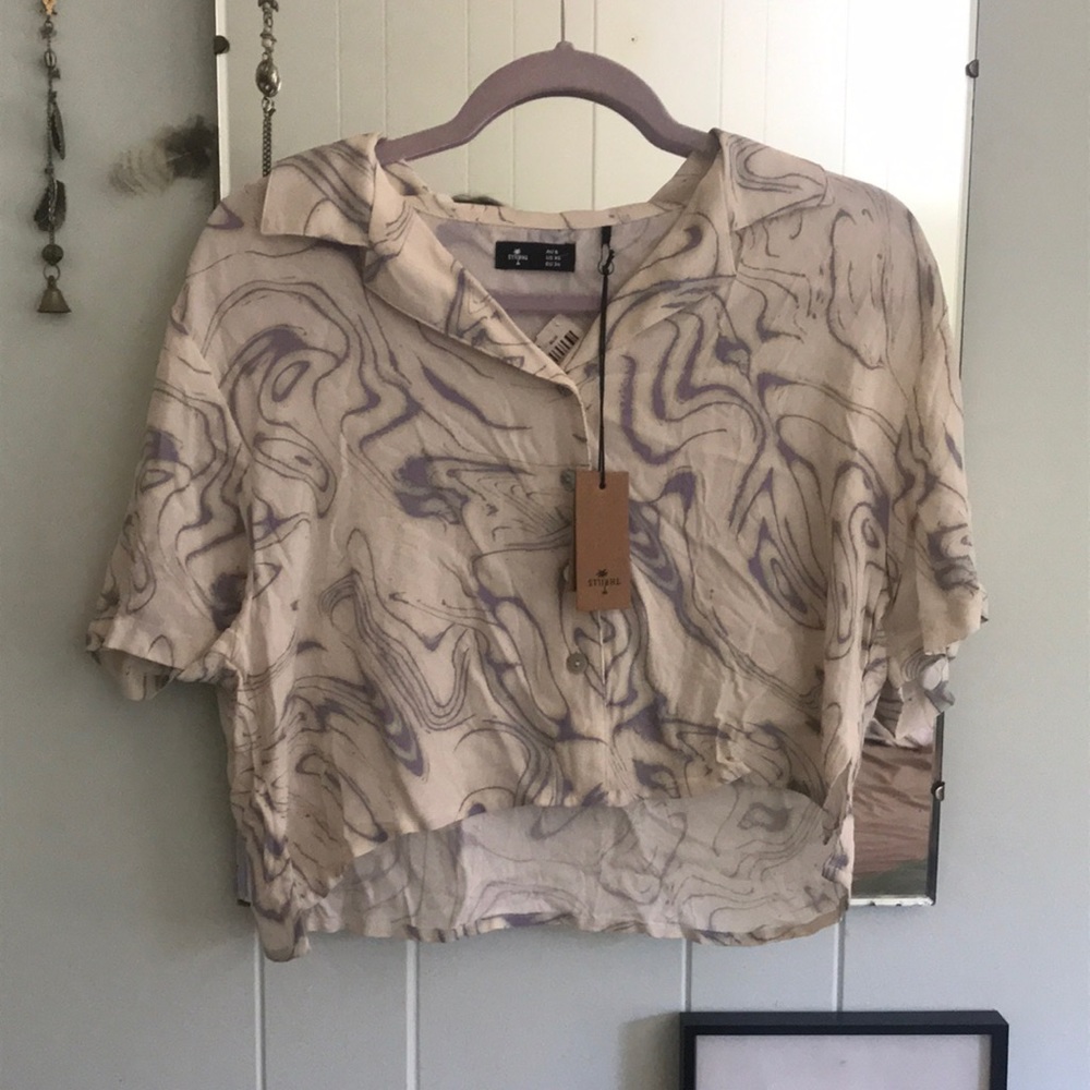 Thrills crop top silky mesh button up.